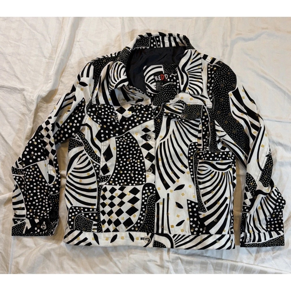 VTG Redd Jeans Jacket Abstract Gold B & W Sequin Printed Bling Button Front SZ 8